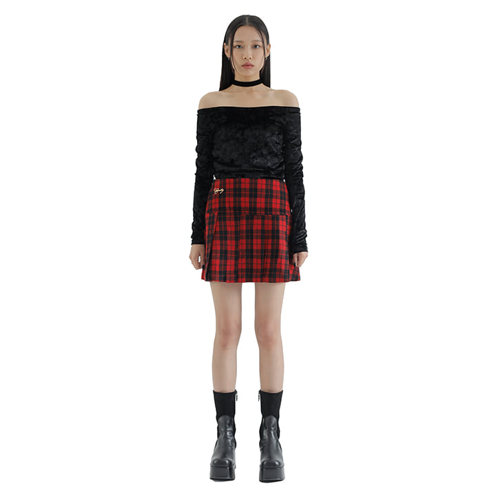 C METAL LOGO CHECKED PLEATS SKIRT_RED